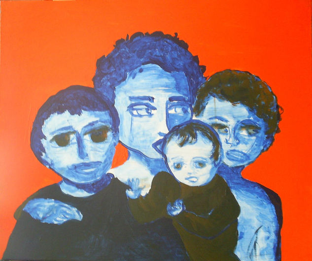 madre e hijos en azul Óleo Lienzo Retrato