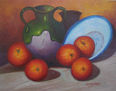 BODEGON CON CANTARO, NARANJAS Y PLATO GRANADINO.