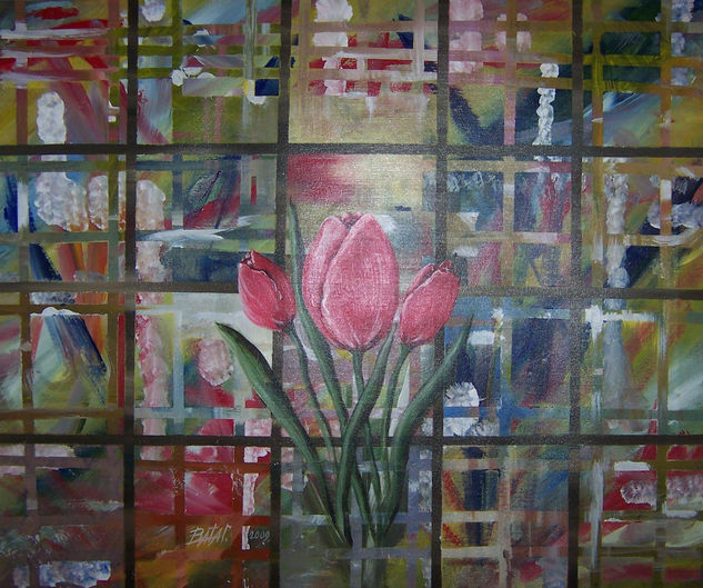 Tulipanes sobre tres niveles Acrylic Canvas Floral Painting