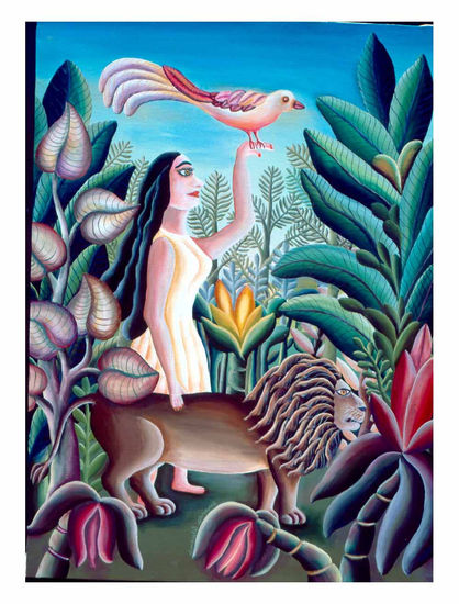 mujer con león Óleo Lienzo Paisaje