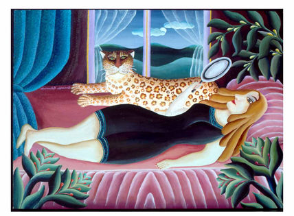 Mujer en cama rosa...
