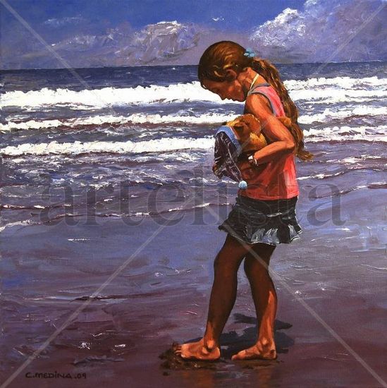 "Larita en la playa" Oil Canvas Figure Painting