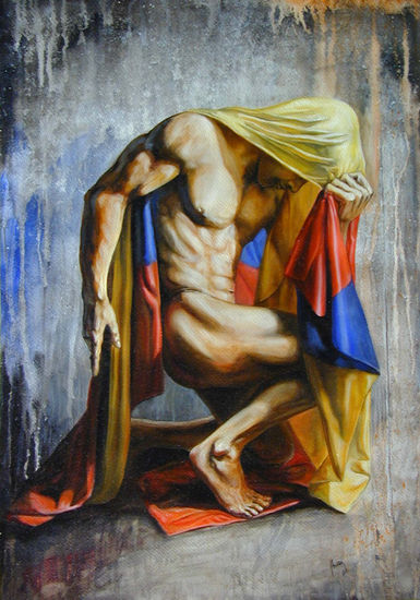 Colombia de rodillas Oil Panel Figure Painting