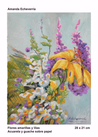 Flores lirios amarillos y lilas Watercolour Paper Landscaping