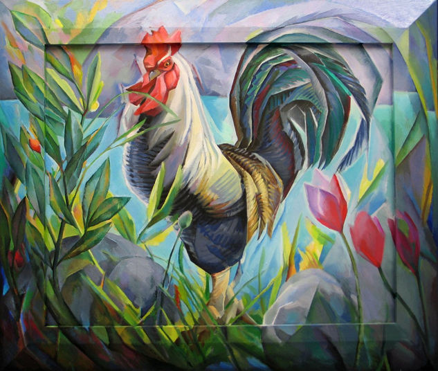 Gallo y flores Oil Canvas Animals