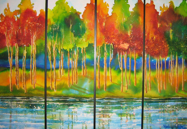 Bosque con reflejos en el agua(100 x70) Watercolour Paper Landscaping