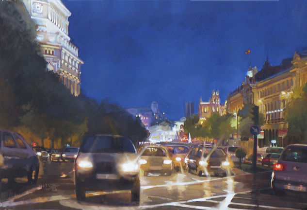 Cibeles, tráfico y lluvia Gouache Lienzo Paisaje