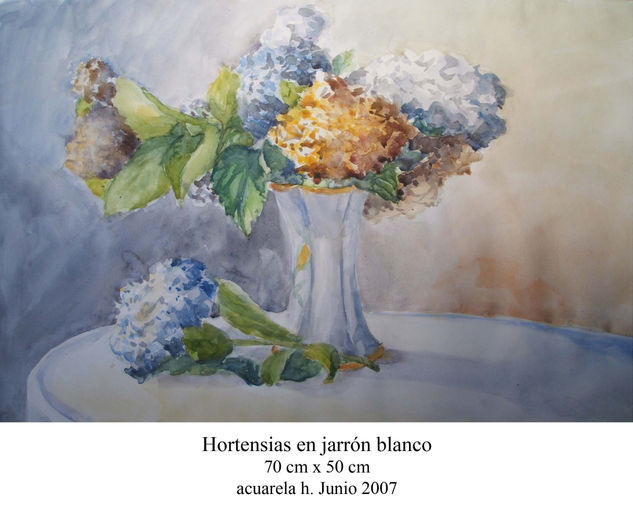 Hortensias en jarrón blanco Watercolour Paper Floral Painting