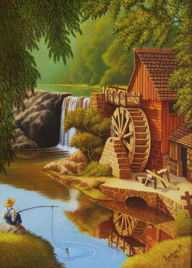 PAISAJE CON MOLINO Y PESCADOR (Versión autor anónimo) Oil Canvas Landscaping