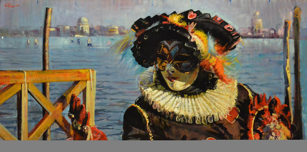 La Mascara con Sombrero Oil Panel Figure Painting