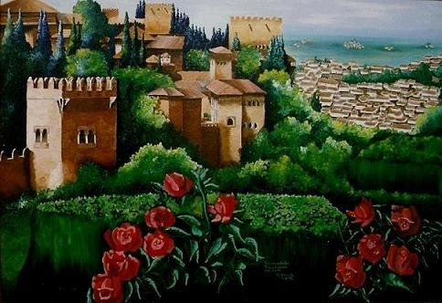 LA ALHAMBRA HUELE A ROSAS Óleo Lienzo Paisaje