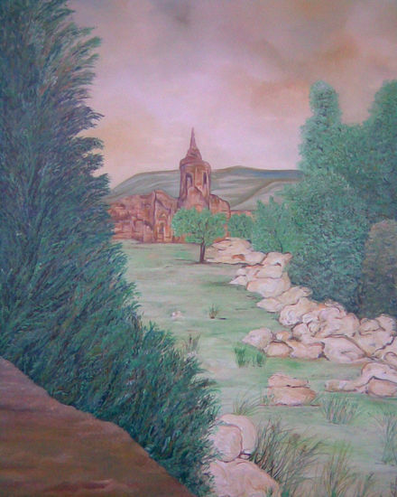 " IGLESIA EN RUINAS " Óleo Lienzo Paisaje