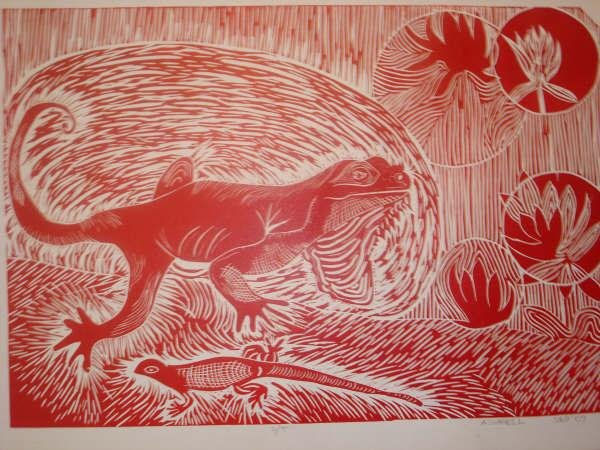 iguanas Linocut