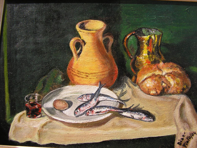 Bodegón: jarra de vino, pan y sardinas 