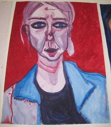 autorretrato en lila y rojo