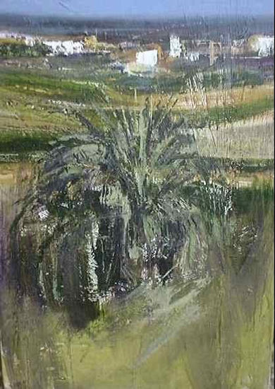 Palmera y casas Acrylic Canvas Landscaping