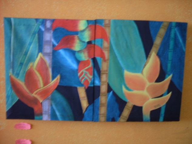 Triptico Heliconia Oil Canvas Floral Painting