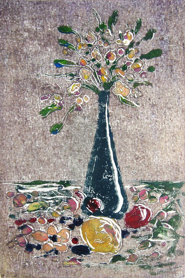 Flores en florero verde y fruta sobre la mesa Oil Card Floral Painting