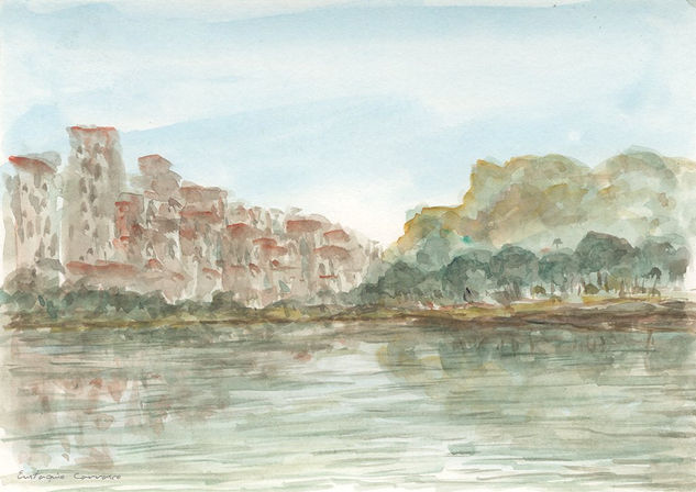 Edificios al fondo de la laguna y pinos Watercolour Card Landscaping