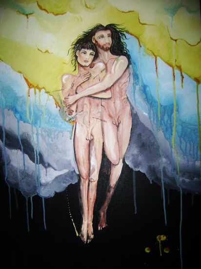 Ascensiòn de San Sebastian y Jesùs al cielo. Acrylic Canvas Figure Painting