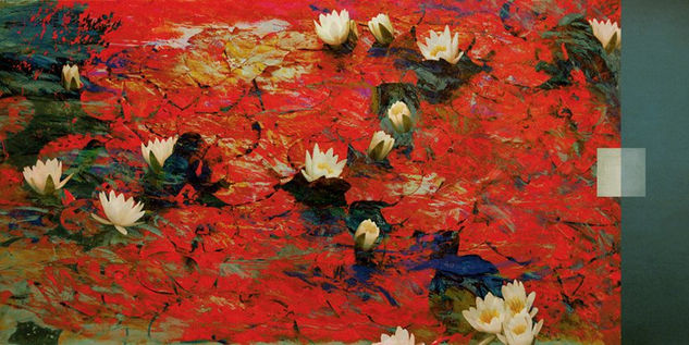 paisaje en rojos con nenúfares 