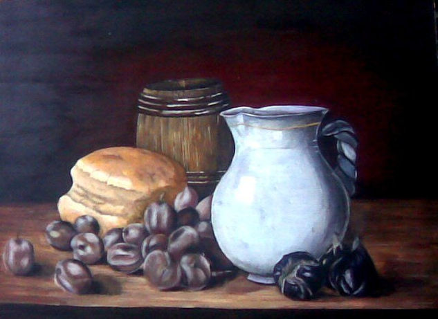 PAN Y CIRUELAS Oil Panel Still Life Paintings