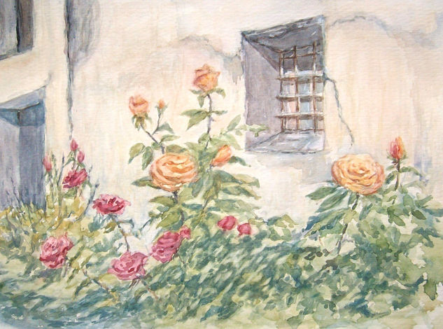 Rosas en la ventana Acuarela Papel Paisaje