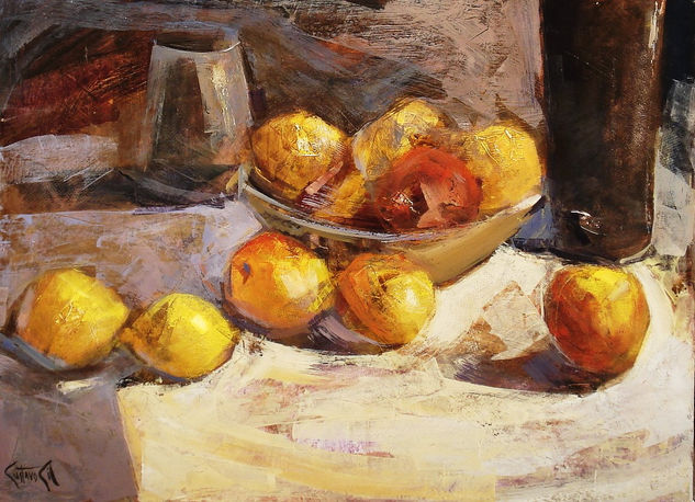 Bodegón con manzanas y limones Oil Panel Still Life Paintings