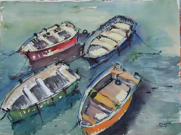 cuatro botes Watercolour Paper Marine Painting