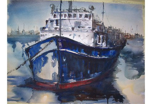 Barco azul en medio del mar Watercolour Paper Marine Painting