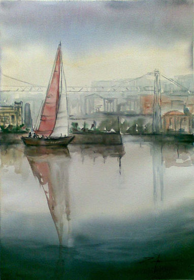 VELERO Y PUENTE COLGANTE Watercolour Paper Landscaping