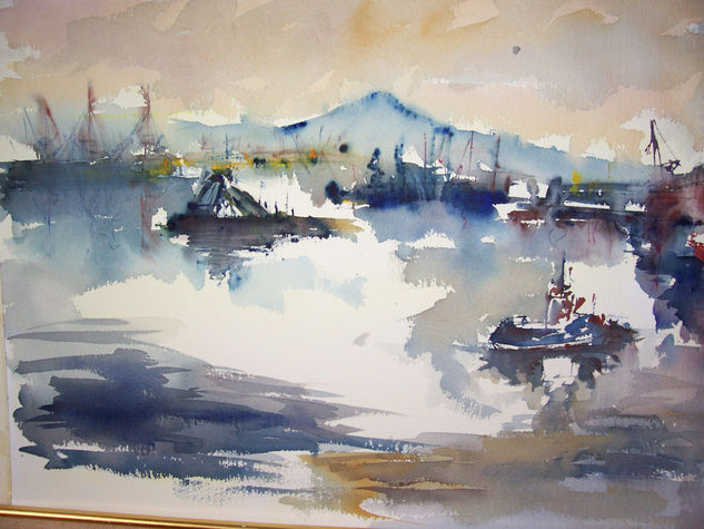 Panorámica de la ría de Bilbao Watercolour Paper Marine Painting