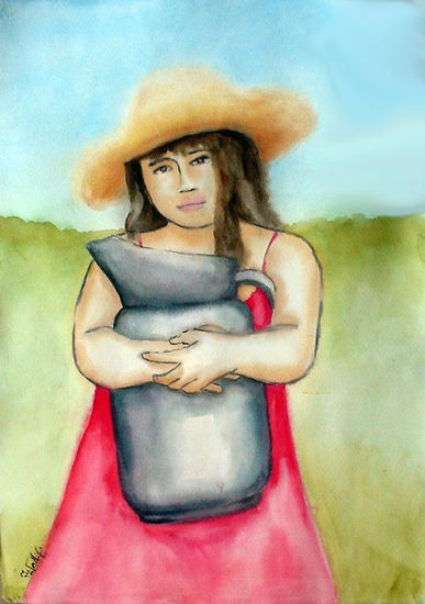 NIÑA CON JARRA Watercolour Paper Figure Painting