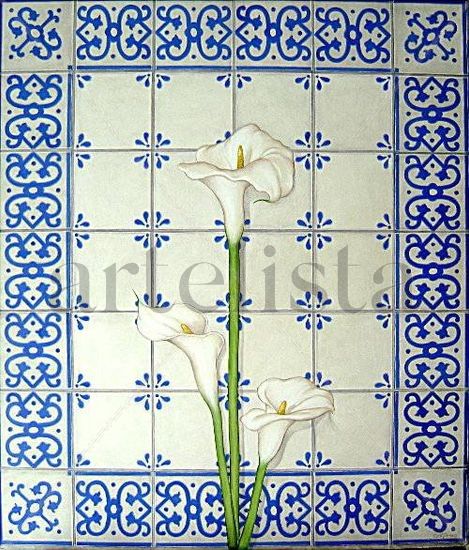 AZULEJOS CON ALCATRACES Óleo Lienzo Bodegones