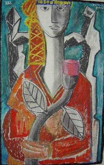 mujer con flor xxi Oil Paper Portrait