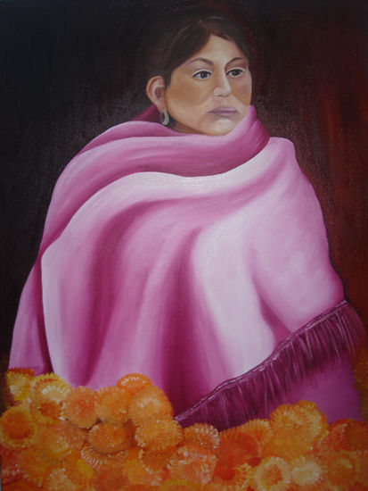 mujer con flor de Cempasúchil Oil Canvas Figure Painting