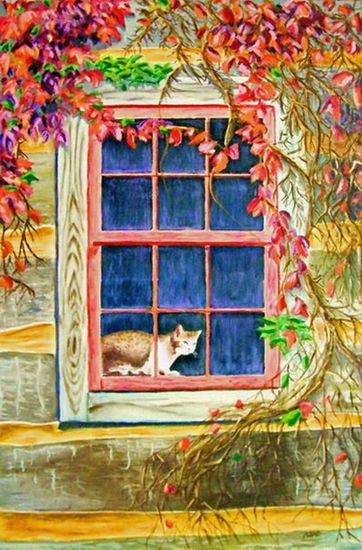 Gato en la ventana Oil Canvas Landscaping