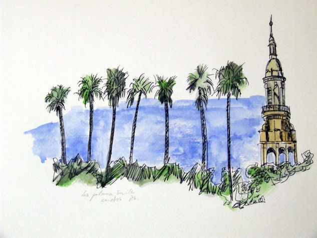 Palmeras y Torre en Sevilla Acuarela Papel Paisaje