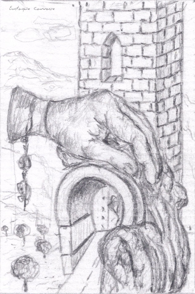 Torre, mano, rocas, puente y paisaje en el sueño de Ughet
