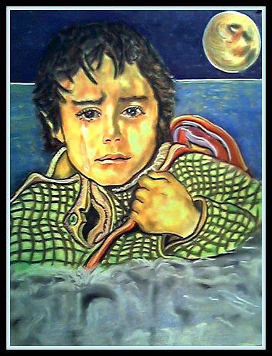 EL NIÑO Y LA LUNA. Pastel Lienzo Figura