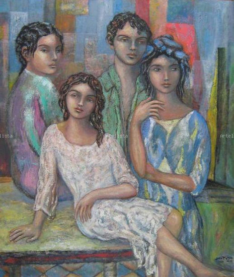 Tres mujeres y un hombre Oil Textile Figure Painting