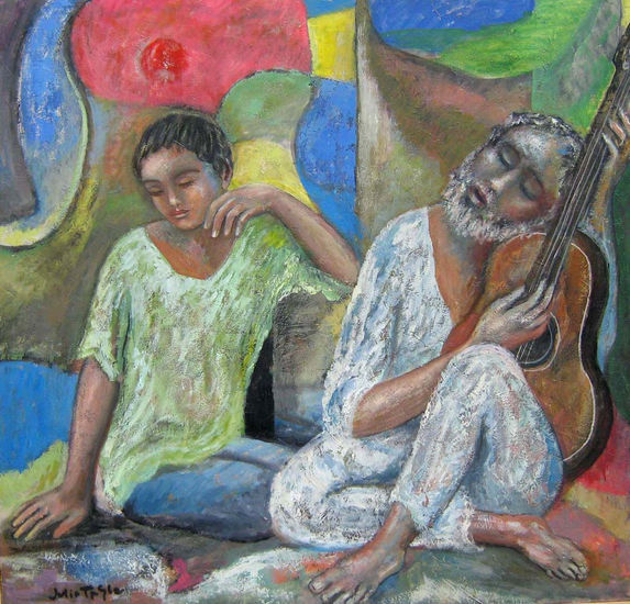 Viejo guitarrista Oil Textile Figure Painting