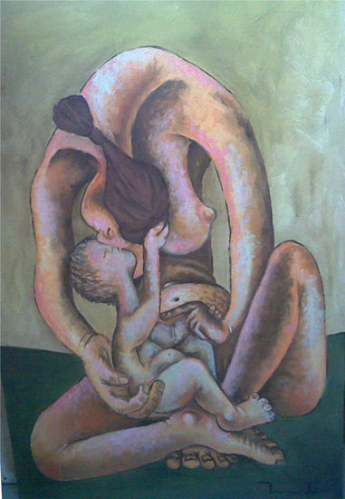 Madre e hijjo Oil Textile Figure Painting