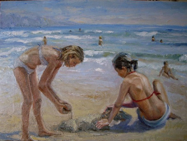 Jugando en la playa Oil Canvas Figure Painting