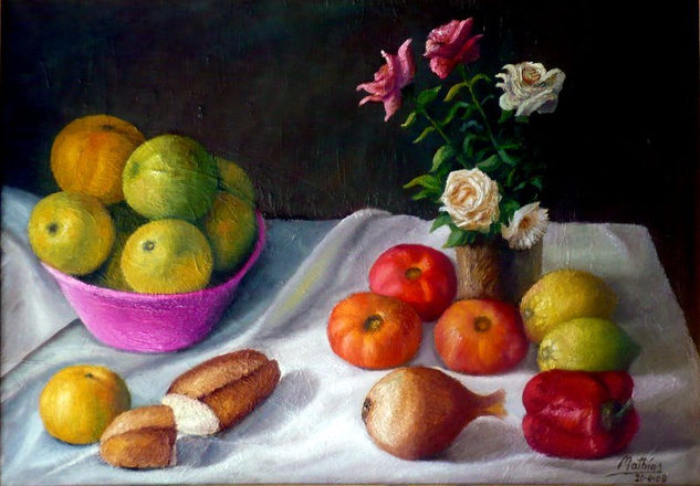 Pan, flores y frutos. Oil Canvas Still Life Paintings