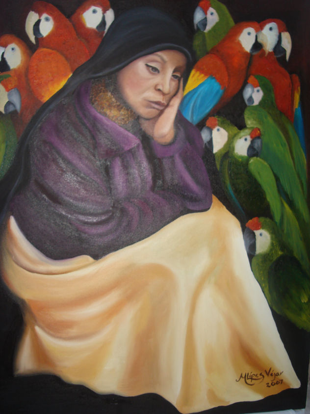 mujer con guacamayas