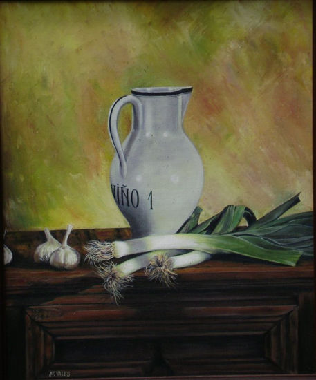 Xerra con allos e porros. Oil Panel Still Life Paintings