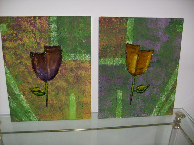 Tulipanes brillantes Mixed media Canvas Floral Painting