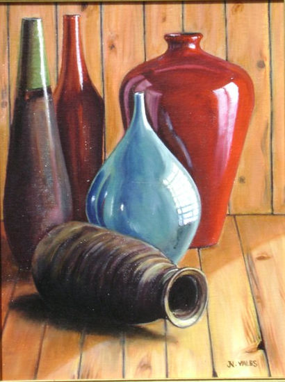 O xarrón azul. Oil Panel Still Life Paintings