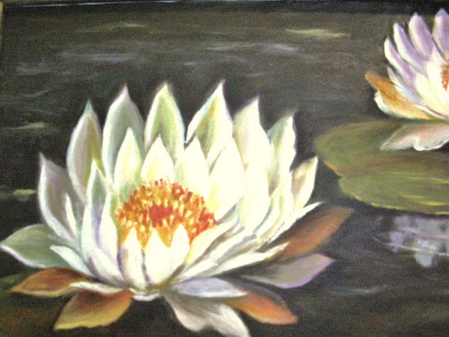 PAREJA DE NENUFARES. Oil Canvas Floral Painting